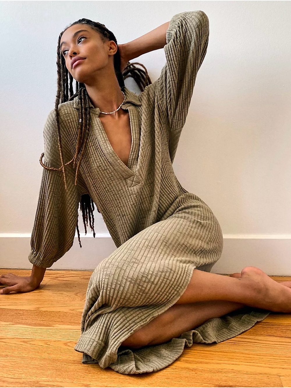Free People Olive Ribbed V-Neck Midi Jumpsuit